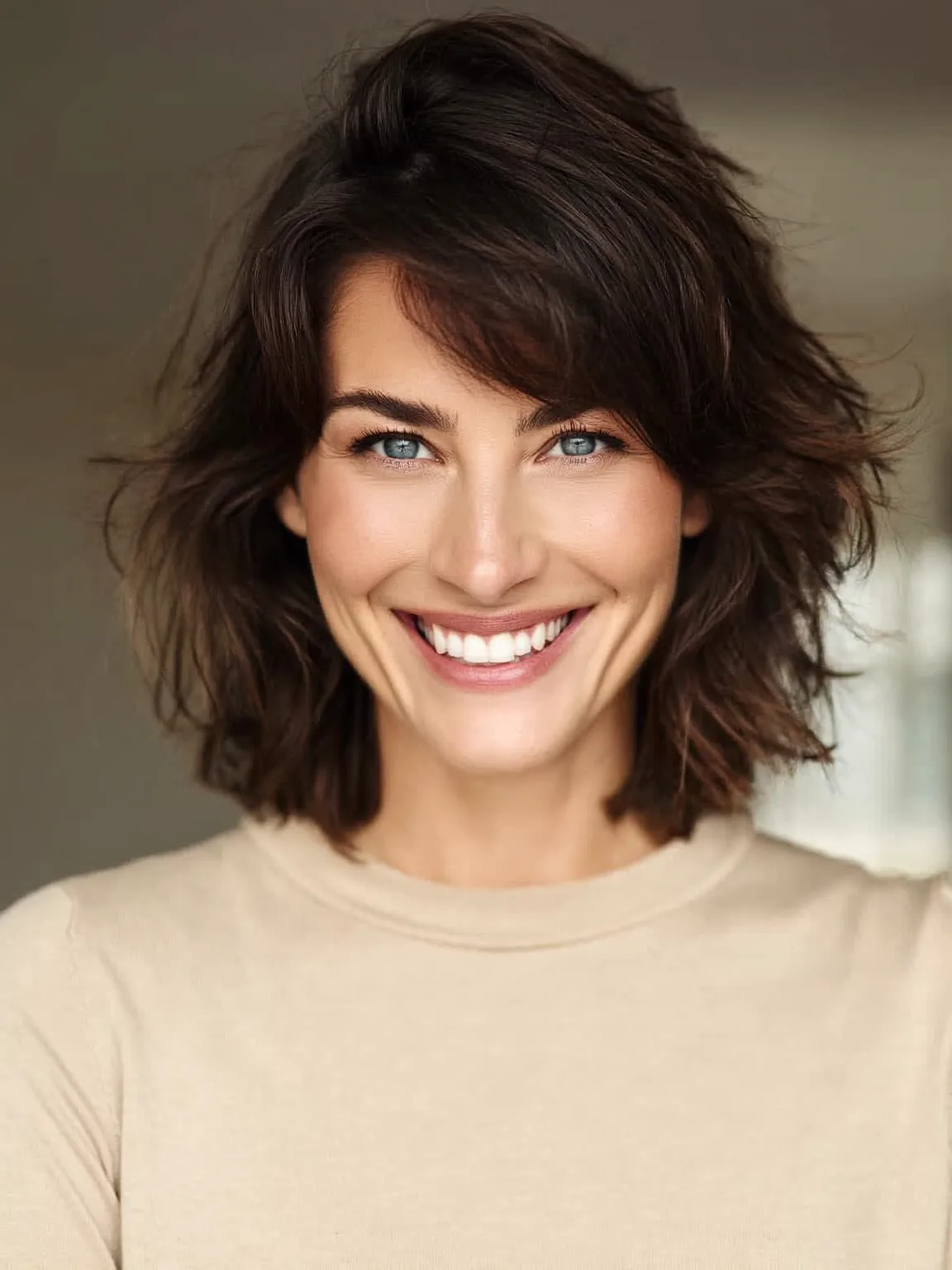 Wavy Chocolate Brown Textured Bob with Side-Swept Bangs